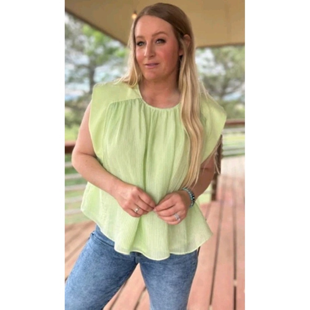 Entro Lime Green Seersucker Blouse Small Crinkle Texture Flowy Peasant Top